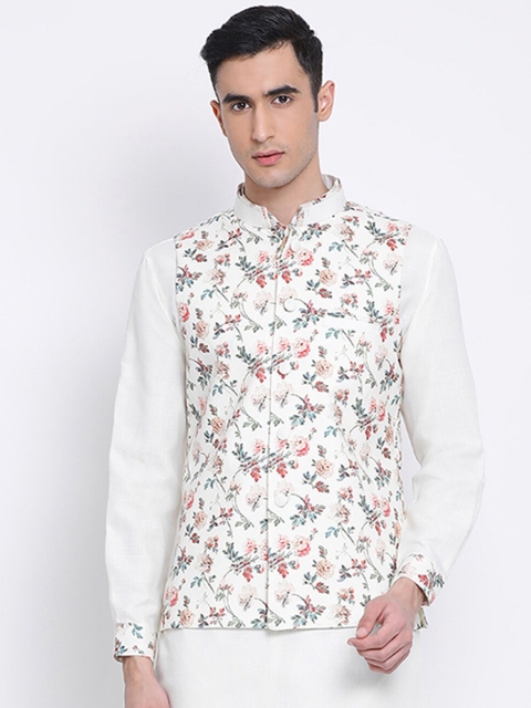 

Sanwara Men Cream Floral Art Silk Nehru Jackets