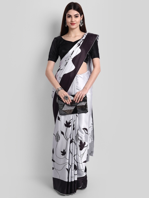 

Zombom Silver-Toned & Black Floral Satin Block Print Saree