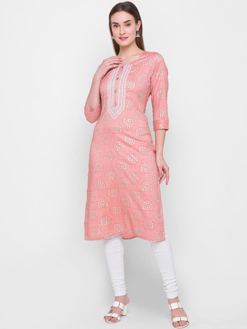 

ZOLA Women Peach-Coloured Floral Printed Thread Work Kurta
