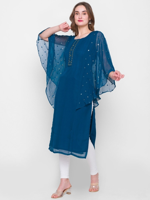 

ZOLA Women Teal Geometric Embellished Flared Sleeves Georgette Kurta