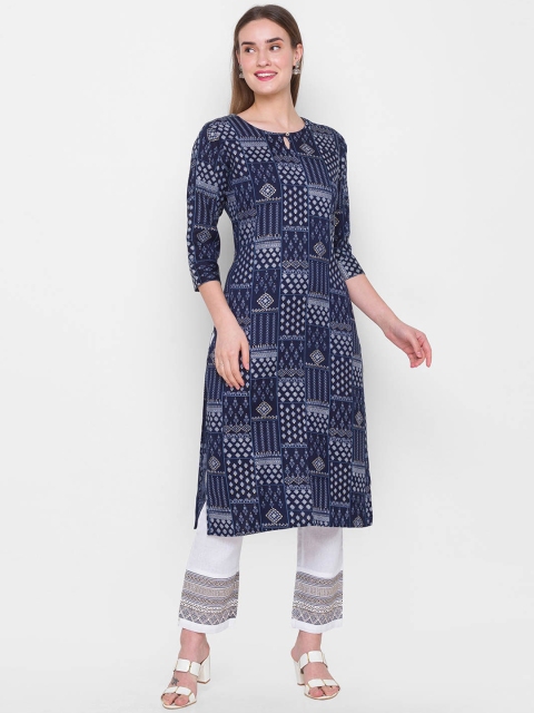 

ZOLA Women Navy Blue Ethnic Motifs Printed Keyhole Neck Kurta