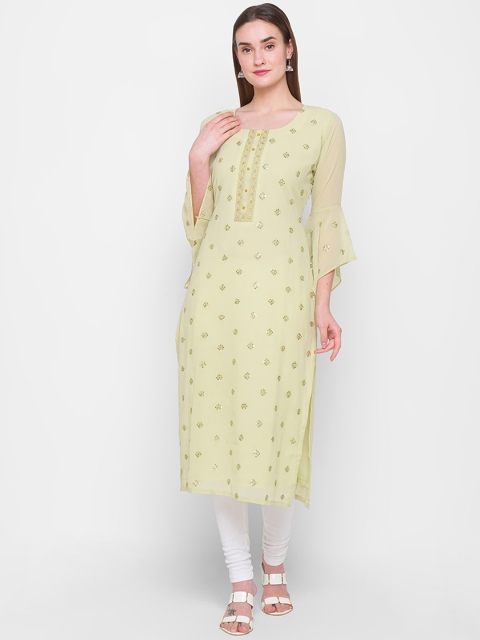 

ZOLA Women Green Ethnic Motifs Embroidered Flared Sleeves Georgette Straight Kurta