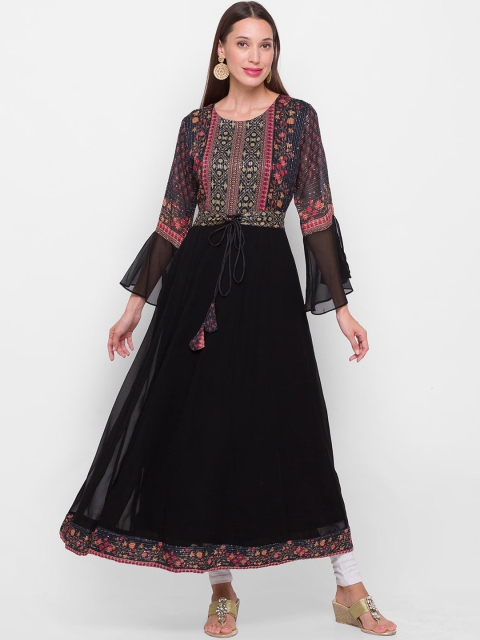 

ZOLA Women Black Floral Printed Sequinned Georgette Anarkali Kurta
