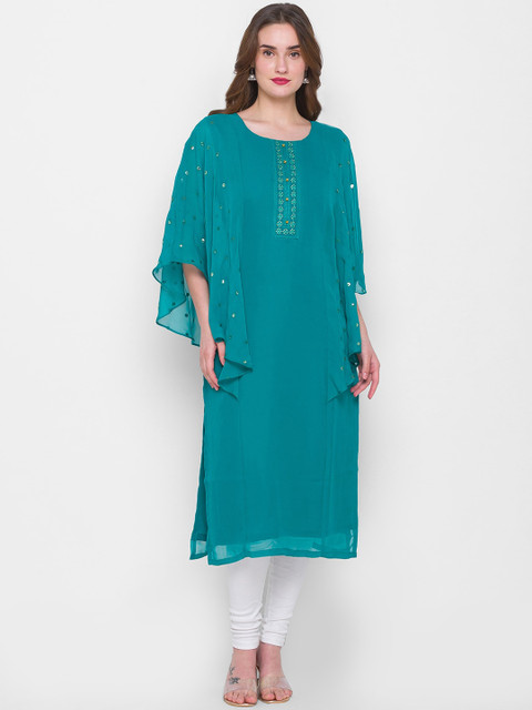 

ZOLA Women Green Flared Sleeves Georgette Kurta