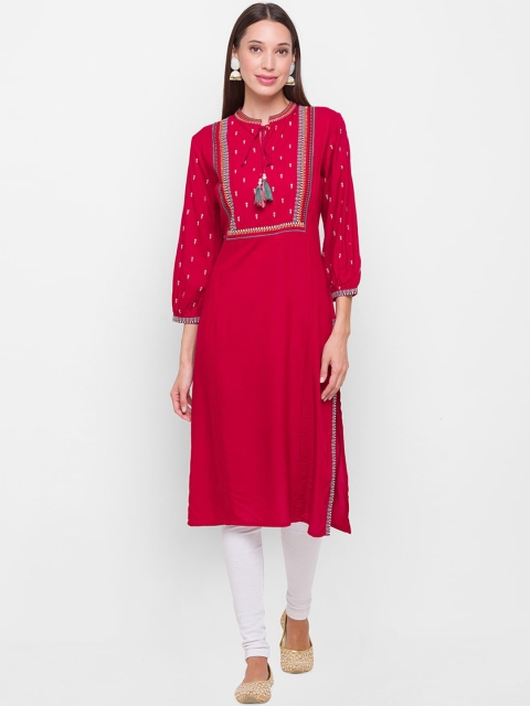 

ZOLA Women Red & Multicoloured Ethnic Motifs Yoke Design Thread Work Kurta