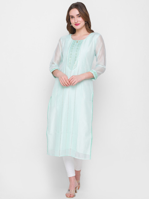 

ZOLA Women Turquoise Blue Solid Sequinned Silk Kurta