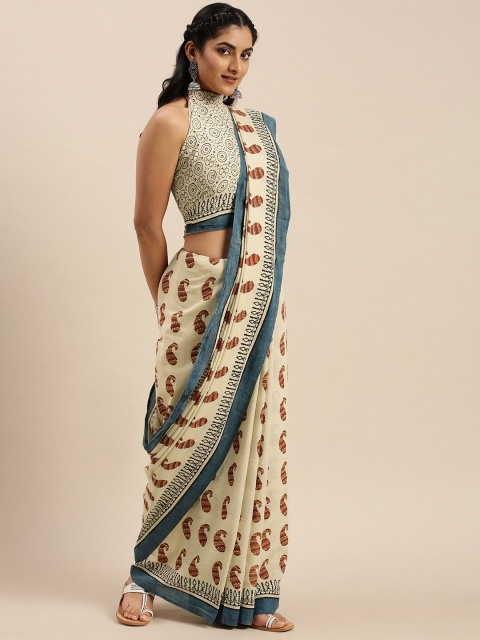 

Shaily Cream-Coloured & Blue Paisley Pure Cotton Saree