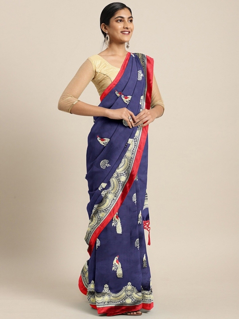 

Shaily Navy Blue & Red Ethnic Motifs Silk Blend Banarasi Saree