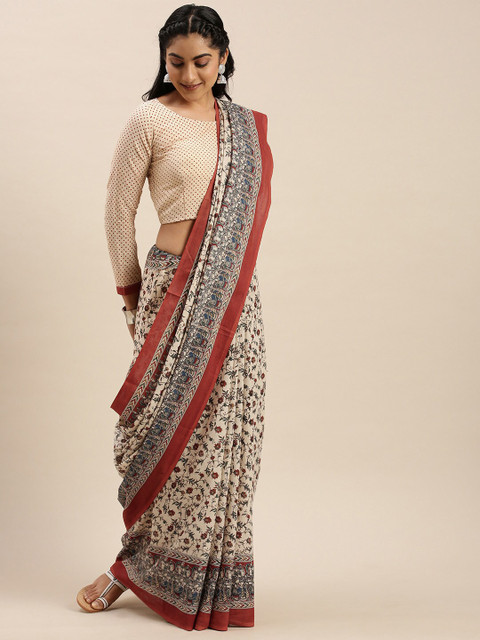 

Shaily Cream-Coloured & Red Floral Pure Cotton Saree