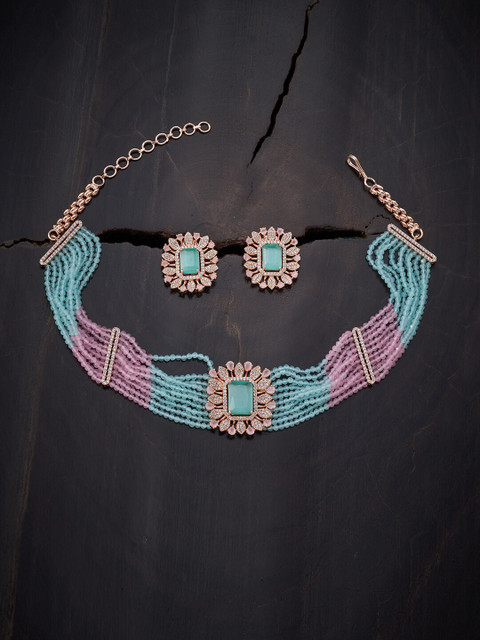 

Kushal's Fashion Jewellery Rose-Gold Plated Pink & Sea Green CZ Jewellery Set