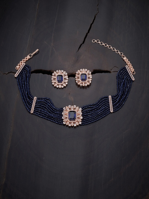 

Kushal's Fashion Jewellery Blue Rose Gold-Plated Choker Necklace Set