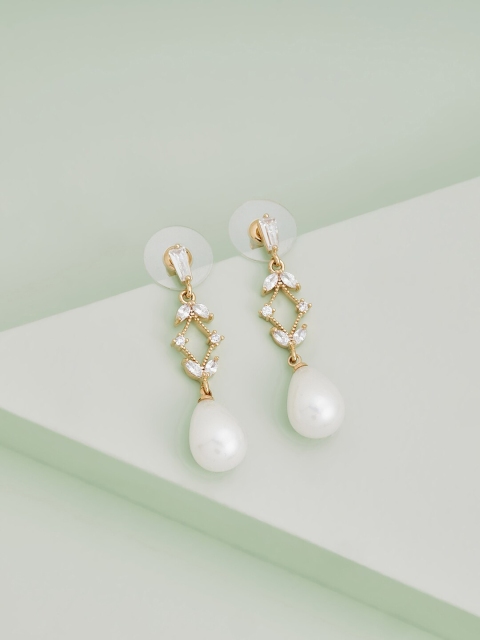 

Kushal's Fashion Jewellery White Leaf Shaped Drop Earrings