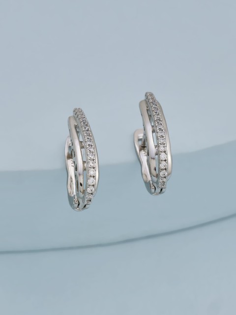 

Kushal's Fashion Jewellery Rhodium-Plated White CZ Studded Hoop Earrings
