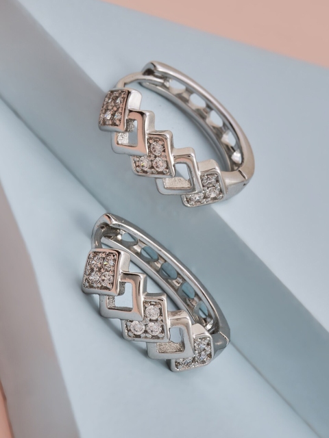 

Kushal's Fashion Jewellery Rhodium-Plated White CZ Studded Half Hoop Earrings