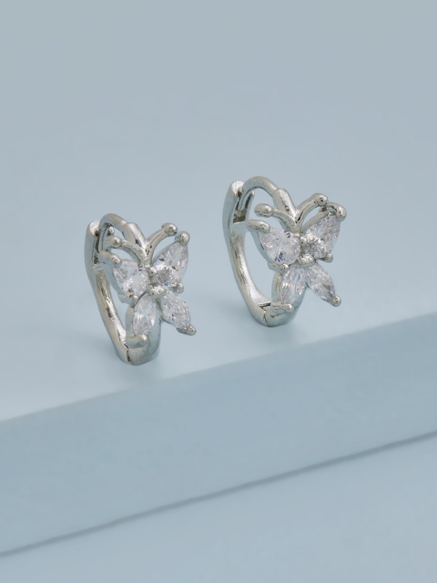 

Kushal's Fashion Jewellery White & Silver-Toned Floral Rhodium-Plated Hoop Earrings