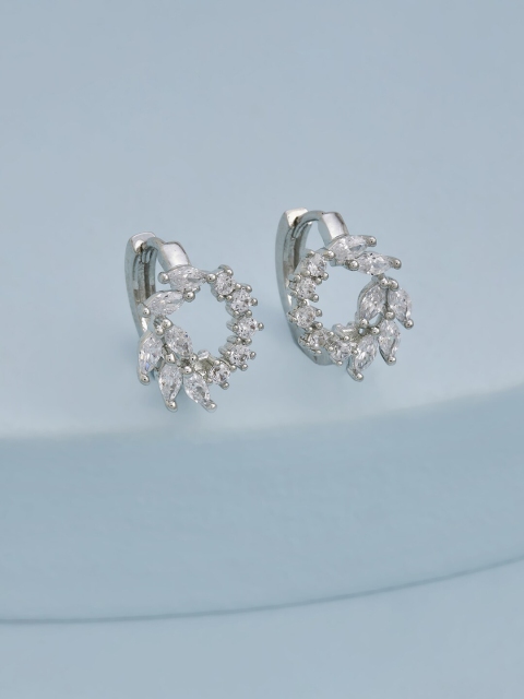 

Kushal's Fashion Jewellery White & Silver-Toned Leaf Shaped Hoop Earrings