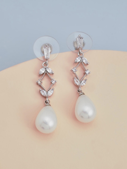 

Kushal's Fashion Jewellery White Leaf Shaped Drop Earrings
