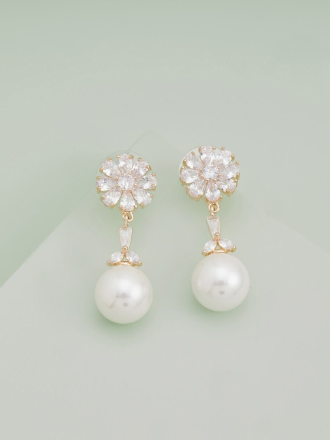

Kushal's Fashion Jewellery White Gold-Plated Floral CZ Studded Drop Earrings