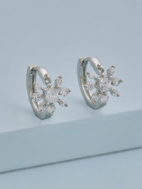 

Kushal's Fashion Jewellery White Rhodium-Plated Floral CZ Studded Hoop Earrings