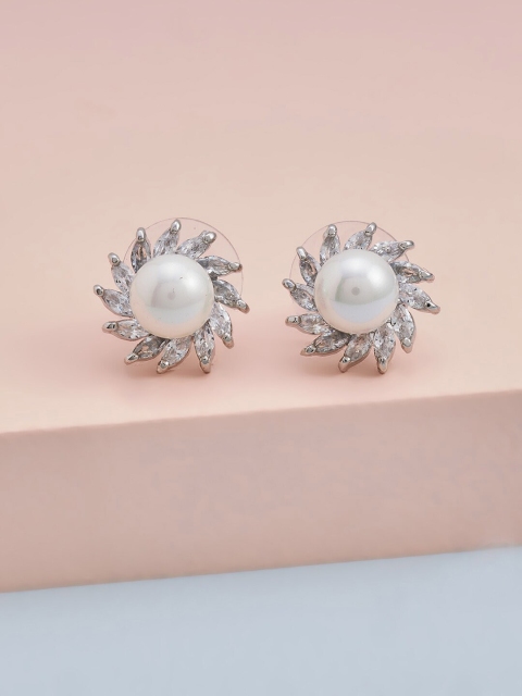 

Kushal's Fashion Jewellery Silver-Toned & White Floral Studs Earrings