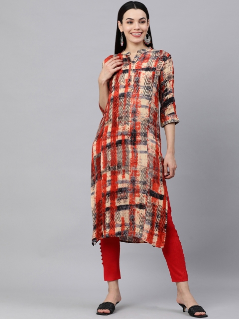 

KALINI Women Peach-Coloured & Red Printed Kurta