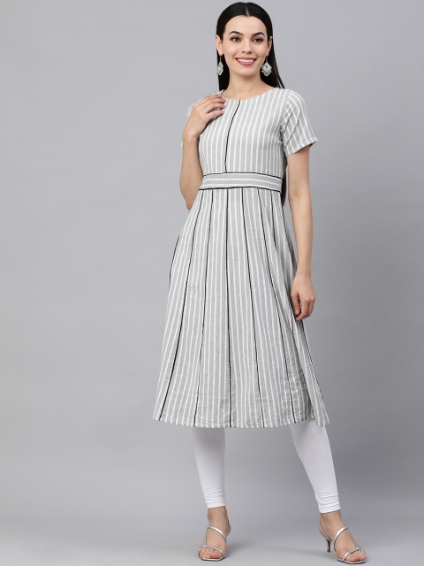 

KALINI Women White & Grey Striped Flared Hem A-Line Kurta