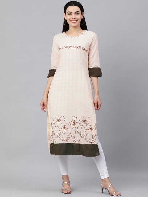 

KALINI Women Off White & Brown Checked Embroidered Detail Kurta
