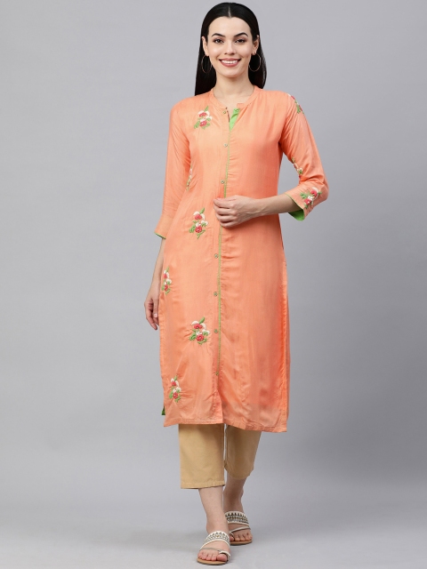 

KALINI Women Peach-Coloured & Green Pure Cotton Floral Embroidered Kurta