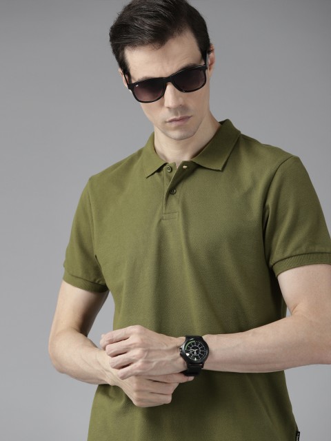

Roadster Men Olive Green Pure Cotton Solid Polo Collar T-shirt