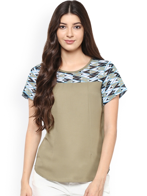 

Abiti Bella Olive Green Top with Printed Yoke