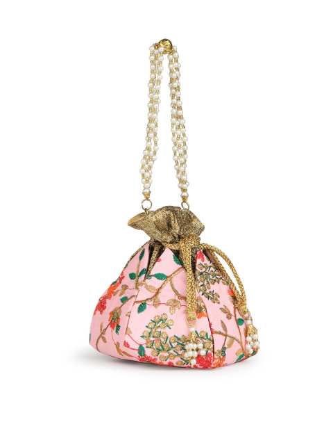 

gaura pakhi Pink & Gold-Toned Embroidered Potli Clutch