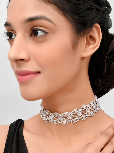 

AQUASTREET Silver-Plated Crystals Studded Choker Necklace