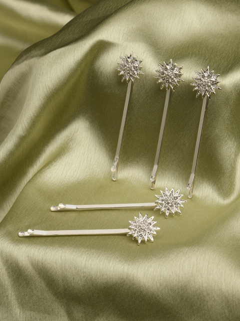 

Accessorize London Women Set of 5 Silver Embellished Star Slides Hair Clip