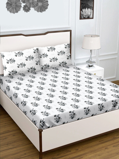 

BELLA CASA Grey & White Floral 180 TC King Bedsheet with 2 Pillow Covers