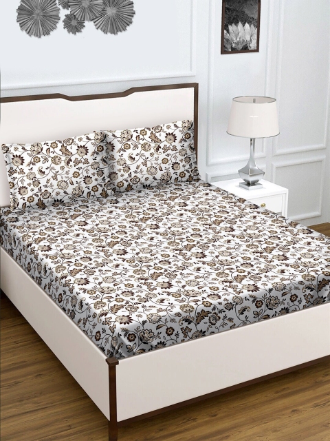 

BELLA CASA Brown & White Floral 180 TC King Bedsheet with 2 Pillow Covers