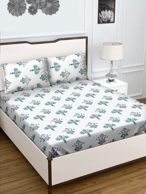 

BELLA CASA Teal & White Floral 180 TC King Bedsheet with 2 Pillow Covers