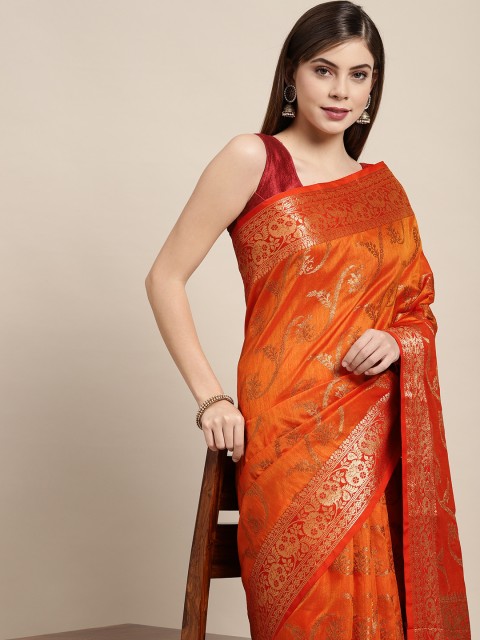 

SANGAM PRINTS Orange & Red Woven Design Silk Blend Saree