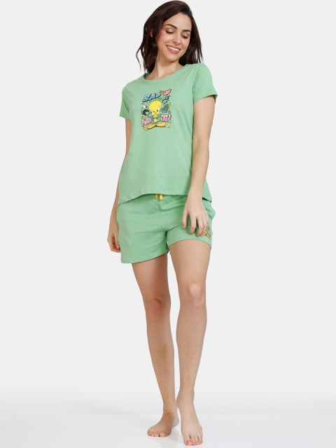 

Zivame Women Green & Yellow Printed Night suit