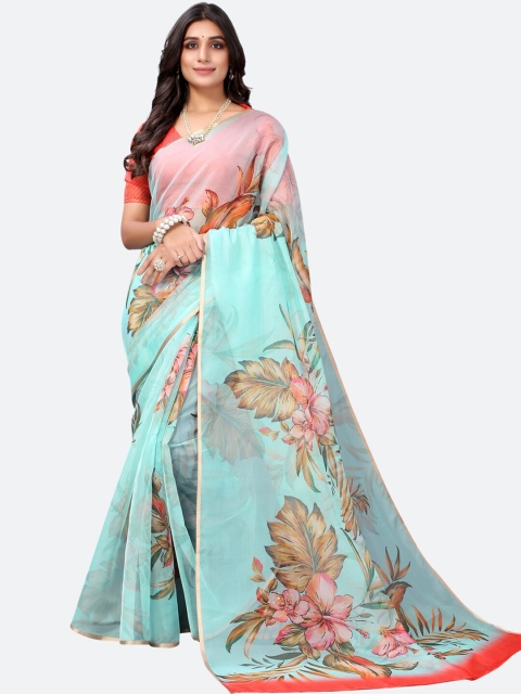 

Satrani Turquoise Blue & Pink Floral Printed Organza Saree