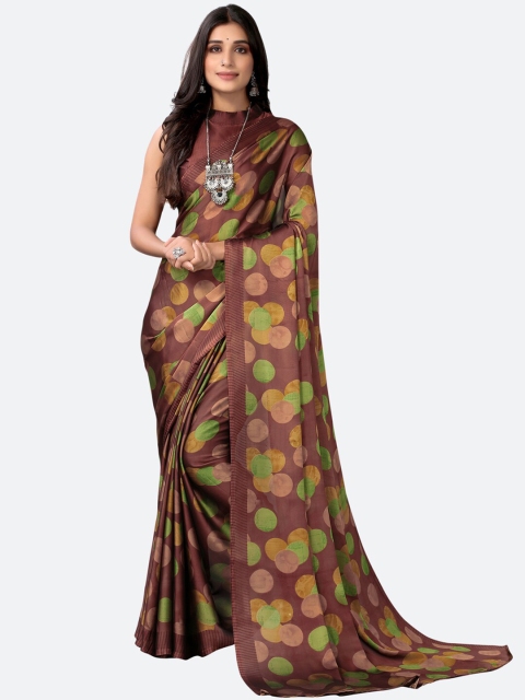 

Satrani Brown & Green Polka Dots Printed Saree