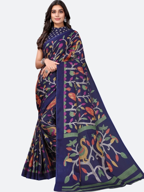 

Satrani Navy Blue & Pink Floral Printed Saree