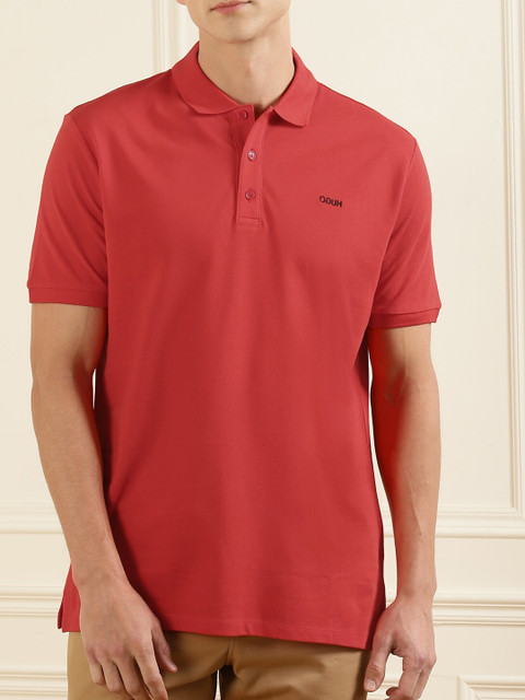

HUGO Men Red & Black Polo Collar Pure Cotton T-shirt
