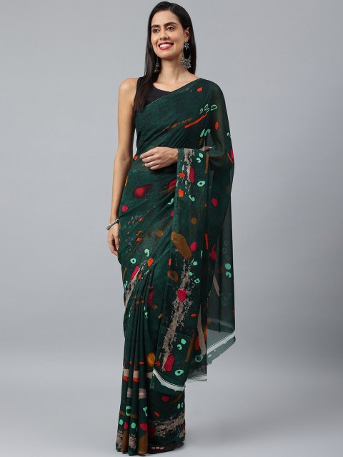 

KALINI Green & Red Abstract Printed Poly Georgette Saree