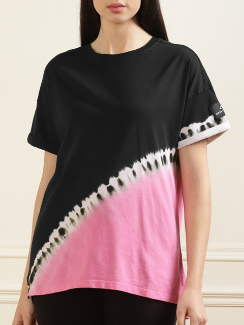 

DKNY Women Pink & Black Tie and Dye Extended Sleeves Top