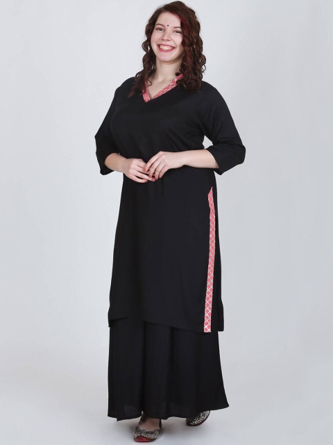 

LastInch Women Black Flared Sleeves Thread Work Kurta