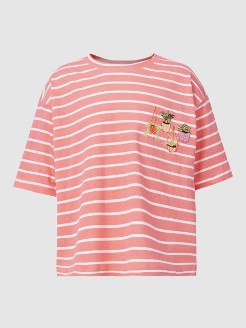 

KIDS ONLY Girls Pink Striped Drop-Shoulder Sleeves Cotton T-shirt
