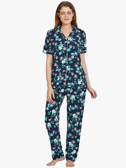 

MAYSIXTY Women Black & Blue Printed Night suit