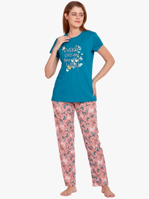 

MAYSIXTY Women Blue & Pink Printed Night suit