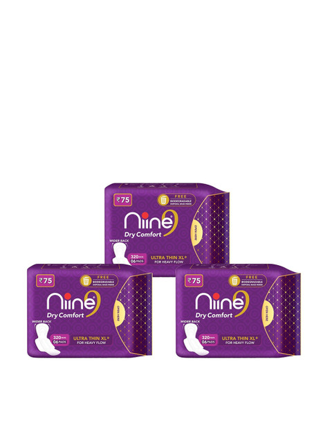 

Niine Set of 3 Dry Comfort Ultra Thin XL Sanitary Pads for Heavy Flow - 6 Pads Per Pack, Purple