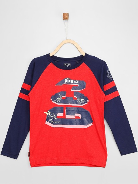 

Gini and Jony Boys Red & Navy Blue Typography Colourblocked Applique T-shirt